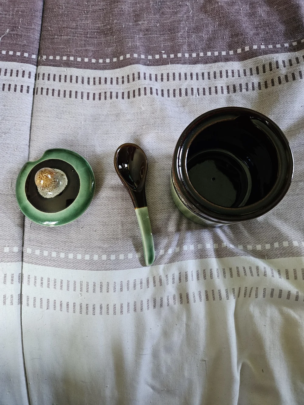 Green Ceramic Lidded Sugar, Honey Jar with Spoon